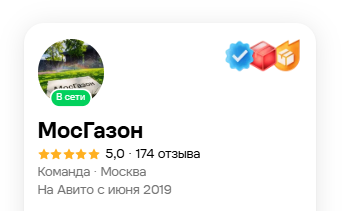 Профиль МосГазон на Авито: рейтинг 5,0, 174 отзыва